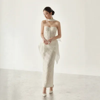 New Arrival Niche Designer-style Strapless Cashmere Lace Crepe Maxi Fishtail Dress Evening Party Dress