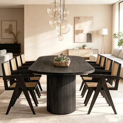 High-End Modern Black Oval Dining Table Ribbed Base Luxury Solid Oak Eco-Friendly Foldable Dining Room Apartment Hotel Chair Set