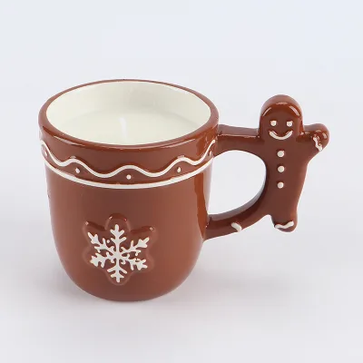 2oz Gingerbread Man Handle Ceramic Candle - Cute Holiday Mug with Snowflake Decor, Festive Christmas Scented Soy Wax