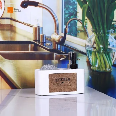 OEM White & Black Wooden Finish Liquid Hand Soap Dispensers Bathroom & Kitchen Sponge Brush Holder Pump Bottle for Hotels