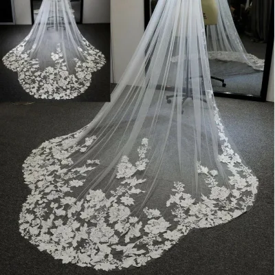 Luxury One Layers Soft Tulle Cathedral Trailing Veil White Lace Flower Edge Bridal Wedding Veil with Comb