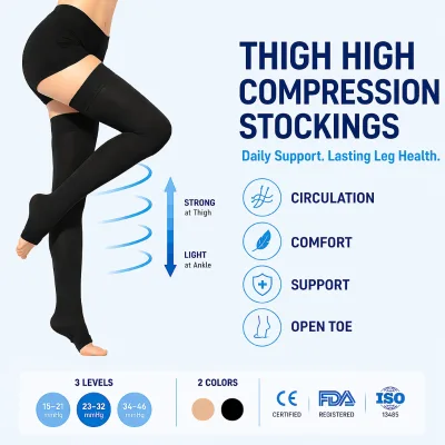 Nylon Spandex Knitted 23-32mmHg Class2 Open Toe Compression Stockings Thigh High with Gradient Pressure Black Beige