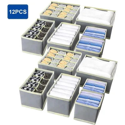 12 Pack Foldable  Underwear Organize, Storage Boxes, Closet Dresser Drawer Organizer Dividers  for Underwear Bras Lingeries Grey