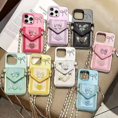 QY Luxury Thermoplastic Elastomer Credit Card Wallet Phone Case for Redmi 16 15A/X8 PRO MAX with Bow Wings Heart Design