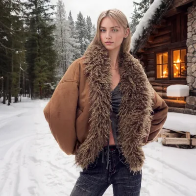 2025 New Winter Fashion Wholesale Winter Coat Big Fur Collar Warm Suede Jacket Patchwork Cotton Coat New Style Vintage Coat