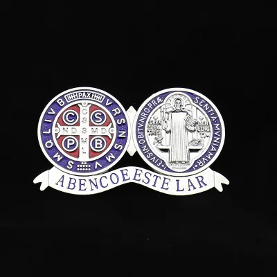Catholic Miraculous Medal Desktop Stand, Double-Sided Blue Enamel Religious Plaque with Metal Easel, Church Gift