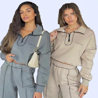 Wholesale Custom Women's Hoodie Manufacturers 100% Cotton Printed Sweatpants Set Cropped Top Clothing 2 Piece Zipper Hoodies Set