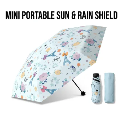 5 Fold Manual Vinyl Sun Umbrella UV-Protective All-Weather Foldable Retractable Cute Portable Compact Umbrella for  Women