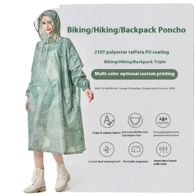 Mid-Length Adult Waterproof Reflective Raincoat for Summer Portable Backpack Windbreaker for Outdoor Hiking Cross-Border Solid