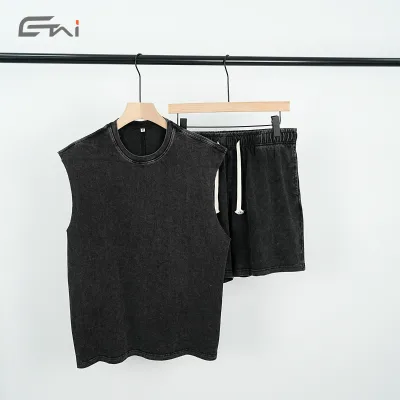 Custom High Quality Acid Wash Tank Top and Short Set Streetwear Vintage Sleeveless T Shirt Shorts Sets for Men