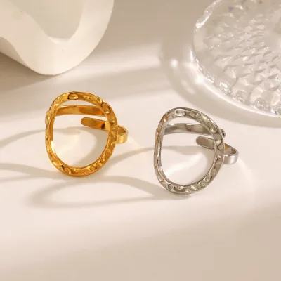 European and American Fashion Trendy Round Hollow Opening Ring, Retro Temperament Wild, Stainless Steel Hammered Finish Rings