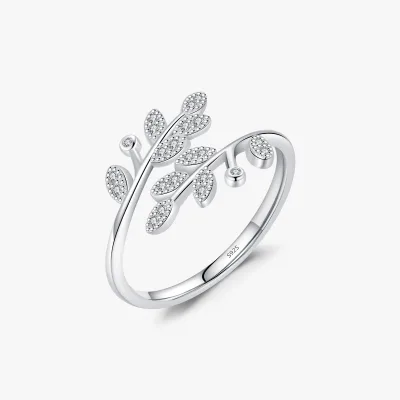 Sparkle CZ Opening Size 6-9 Ring for Women Fine Jewelry Accessories 925 Sterling Silver Lucky Tree Leaf Finger Adjustable Rings