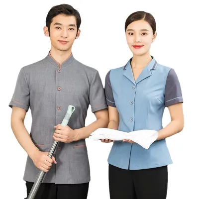 Unisex Hotel Restaurant Receptionist Room Service Cleaning Housekeeping Polyester Breathable Short Sleeve Shirt Staff Uniform