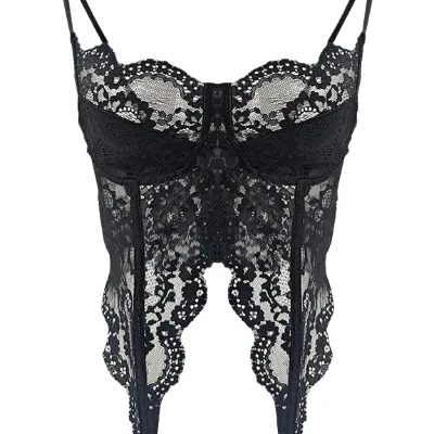 New French Style Eyelash Floral Lace Deep V Push-up Cups Adjustable Straps Backless Crop Top for Women Sexy Lingerie