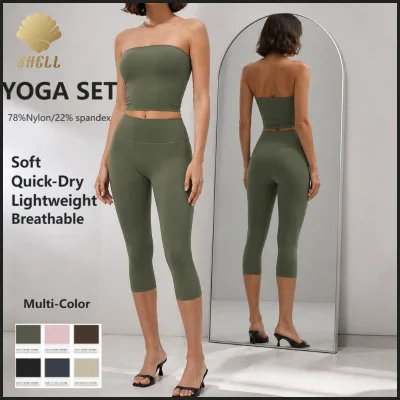 Strapless Bandeau Tube Top Paired with High Rise Capri Leggings Brushed Peach Skin Women Two Piece Athleisure Set