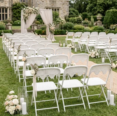 BSCI White PE Rattan Folding Wedding Chair, Wavy Back Event Chair for Outdoor Garden Ceremony Wholesale