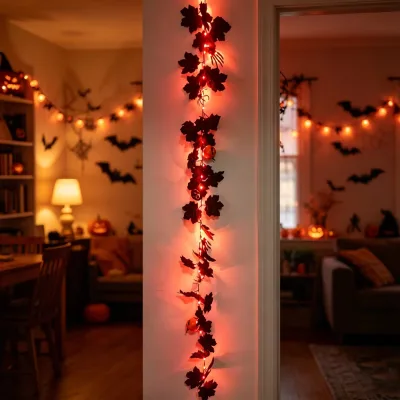 Fall Halloween Hanging Garland With Red LED Lights Artificial Maple Leaf Pumpkin Skeleton Hand Decoration