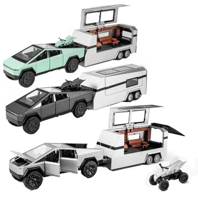 1/24 Alloy Cybertruck Pickup Camping RV Car Model Pull Back Simulation Diecast Car Toys With Motorcycle