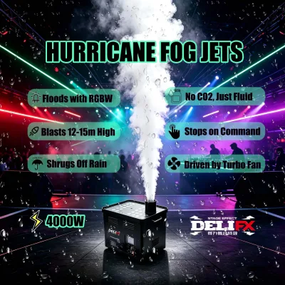 All-Weather Outdoor Hurricane Fog Jets 15m High Jet 32x RGBW LEDs Waterproof No Gas Cylinder Needed DMX Fog Machine for Concerts