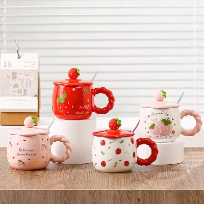 Factory Direct Creative 3D Strawberry Pattern Ceramic Coffee Mug Lid Microwave Safe Customisable Personalised Ceramic Cups
