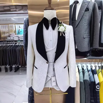 Men's 3-Piece Wedding Casual Suit Set with Worsted Men Suits Black and White Mens White 3 Piece Suit Marriage Suits for Men