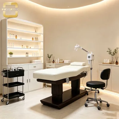Curved Edge Beauty Display Cabinet of Multi-layer Open Shelf Salon Storage Unit for Wellness Spa & Skin Management Center