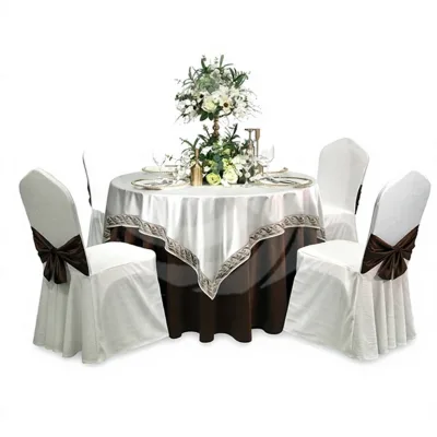 Wedding Banquet Hall Double-Layer Solid Color Polyester Round Tablecloth with Ins-Style Placemat Brown White Cross-Border Export