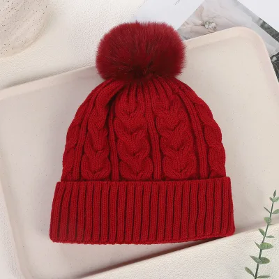 Winter Thickened Fleece-lined Jacquard Knitted Beanie Pompom All-Match Classic Knit Winter Hat