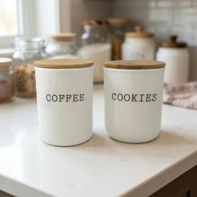 Bestcera-Modern Farmhouse Ceramic Canister Set, Coffee & Cookies Speckled Storage Jars with Natural Bamboo Lids