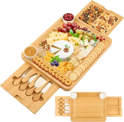 Eco-Friendly Bamboo Cheese Board and Knife Set for Home Use and Gift Boxed Laser Logo for Cutting Charcuterie Meat and Cheese