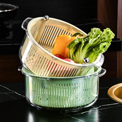 Wholesale Cheap Household Multi-functional Double-layer Vegetable Salad Rotating Drain Basket