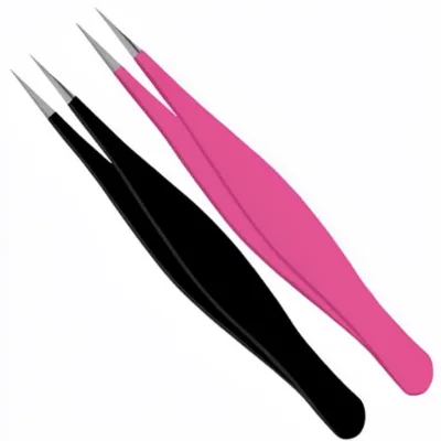Ultra-Fine Durable Pointed Metal Tweezers Precision Pointed Tip Tweezers for Ingrown Hair Removal Kit Black Pink 2 Pieces