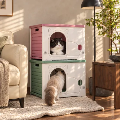 Durable Waterproof Sunproof Plastic Cat House All-Season Semi-Closed Stackable Pet Villa for Small Dogs Cat Indoor/Outdoor Use