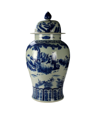 RYUC04 Large Size Hand Painted Blue and White Antique Character Pattern Ceramic Temple Jar Porcelain Pot