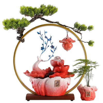 Best Gradient Blue Pink Christmas Decor Waterfall Ceramic Water Fountain Humidifier Deer Design Office Use Automatic LED Lamp