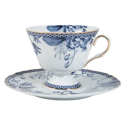 Blue-and-White Flower Vintage French Eco-Friendly Ceramic Tea Cups Porcelain Bone China Cup Saucer Set European Wedding Coffee