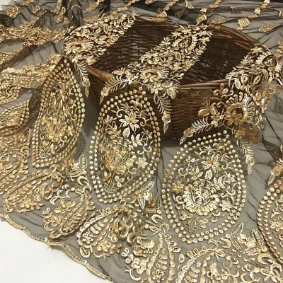 Gold Thread Mesh Lace Gold Embroidery Fabric Shiny Thread Fabric for Clothing Dress Embroidered Lace for Women Dress