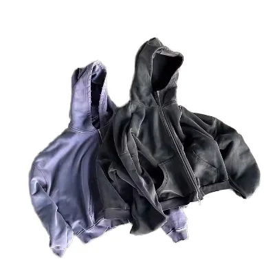 Wholesale Vintage Washed Sun Faded Zip-up Cropped Distressed Hoodies for Men Loose Design Outerwear Sets Breathable Spring Print