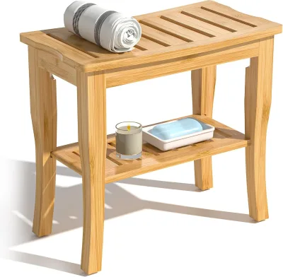 Premium Wooden Shower Bench Bamboo Shower Bench Stool Storage Shelf Waterproof Shower Chair t for Adults Elderly Seniors