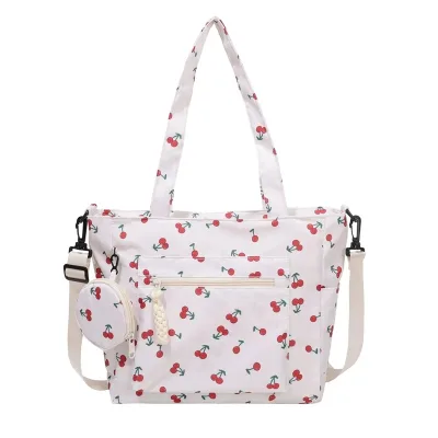 Wholesale New Cherry Print Women's Tote Bag Nylon Zipper Closure Fashion Shoulder Handbag Large Capacity Shopping Bags