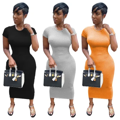 Women's Vintage Pencil Dress 2025 Summer Collection Casual Solid  short Sleeve Ribbed round Neck Natural for Autumn Parties