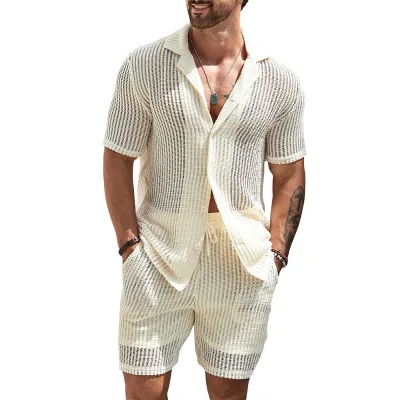 Shinesia Summer Two Piece Button up Hollow Out Beach Outfits Custom Men Knit Shirt and Short Set