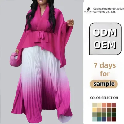 ODM Latest Design Fall African Outfits for Women Irregular Lace up Top and Pleated Gradient Skirt Two Piece Set Women Clothing