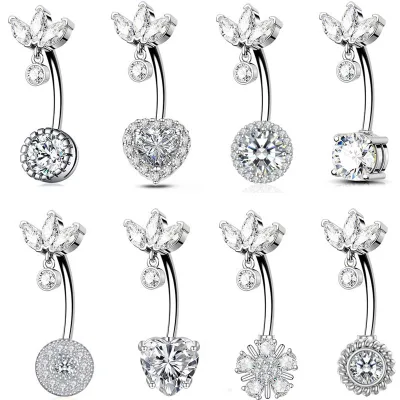 New Stainless Steel Trendy Belly Button Rings With Shiny Flower Heart Dangle for Daily Wear Sexy Beach Party Piercing Jewelry
