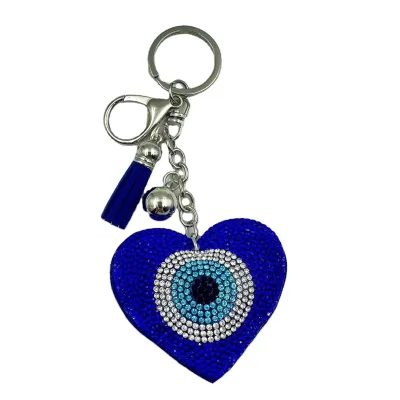 New Arrival Blue Devil Eye Keychain Heart Love Shape Evil Eyes with Bling Rhinestone Crystal Made of Metal Leather Plastic