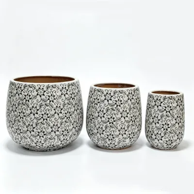 Patterned Ceramic Flower Pot Set White Black Floral Chintz Design for Table Centerpiece Indoor Plants