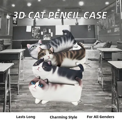New Style 3D Cute Cat Plush Zipper Bags Soft Kawaii Animal Stationery Bag for Students Office