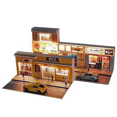 1:64 Dioramas Japanese Street Store Scene Model Car PVC Miniature Model Lights Handmade Display for DIY Parking Lot Simulation