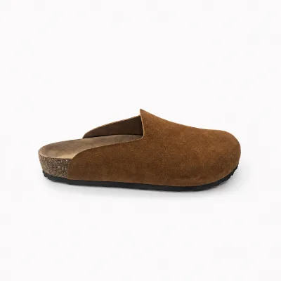 Ladies Brown Cow Suede Closed Toe Clog Slip-On Mule Shoes Cork Insole Anti-Slip Rubber Outsole Barefoot Lightweight Breathable