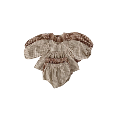 Puff Sleeve Doll Top Plaid Pattern Robe Spring and Autumn Newborn Cotton Premium Clothing Set Casual Baby Girl Outfit